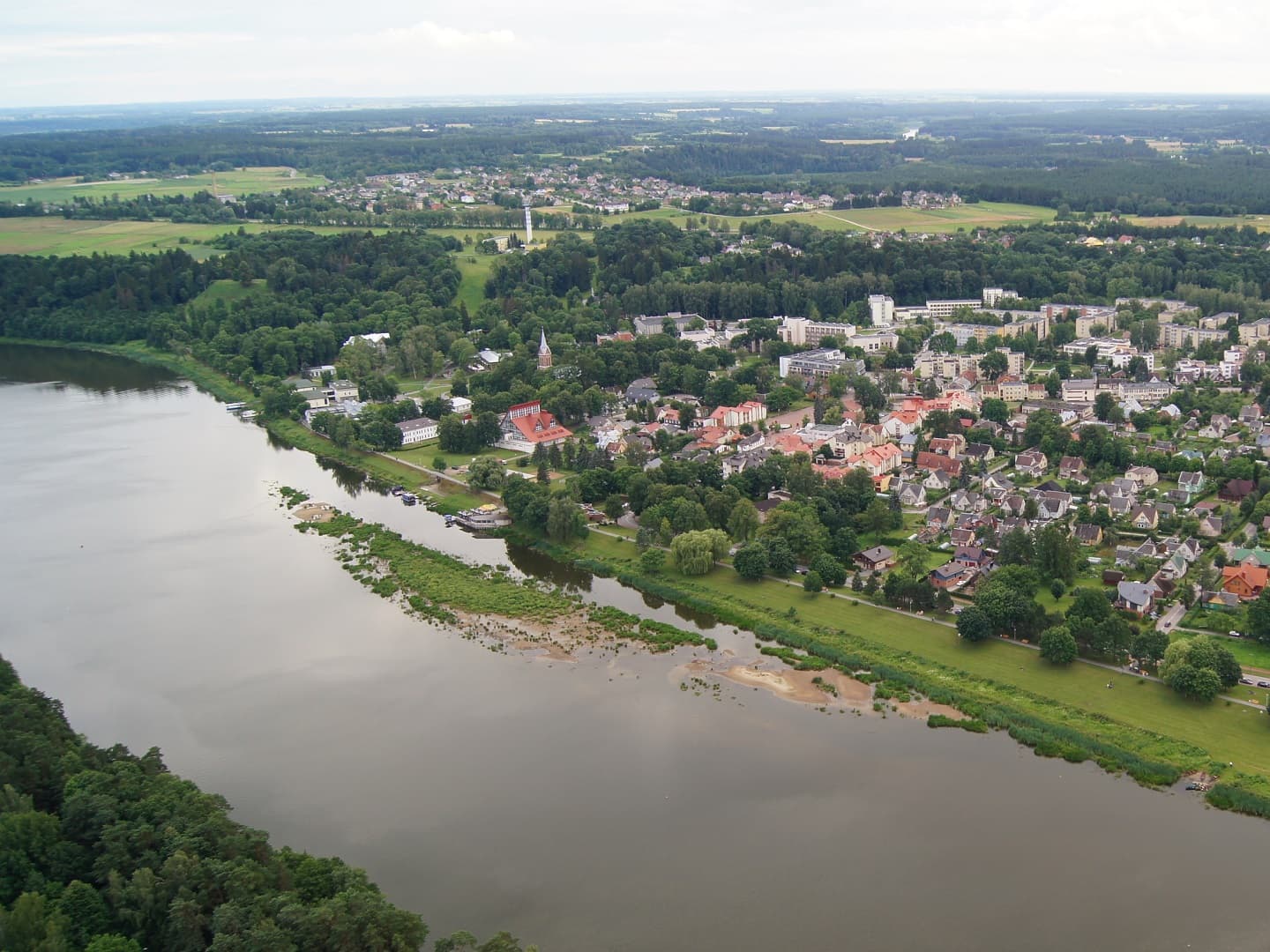Aerial view of dramatic Nemunas River loops from Birštonas observation tower