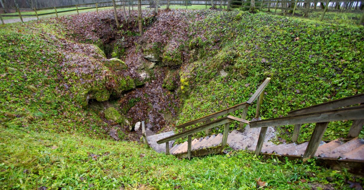 Biržai Castle surrounded by moats with the karst landscape beyond