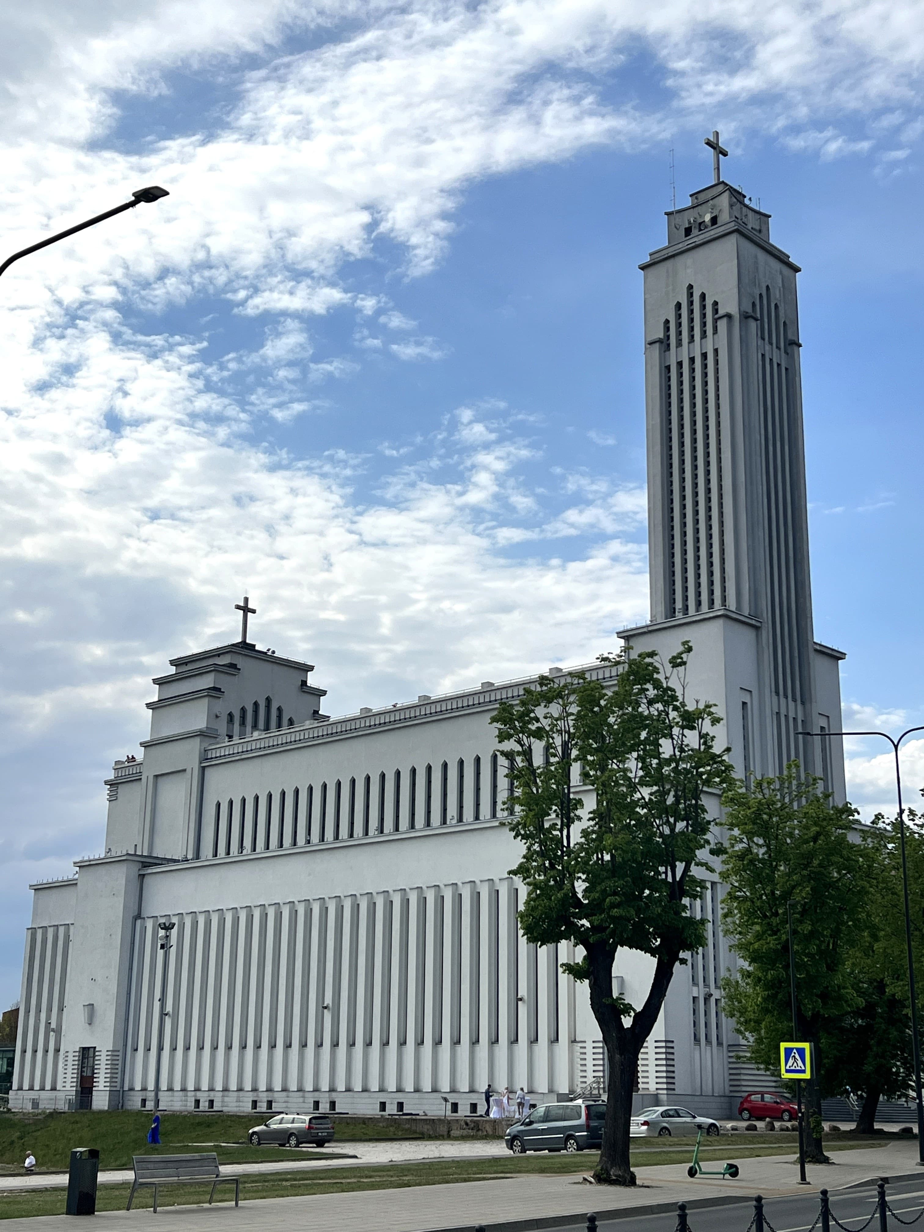 Monumental white Art Deco facade of Christ's Resurrection Church in Kaunas