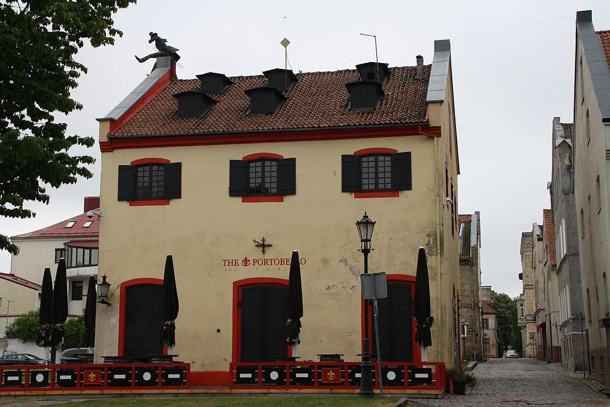 Colorful half-timbered Fachwerk buildings in Klaipėda Old Town