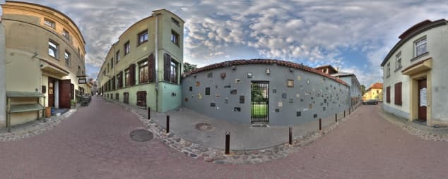 Wall of literary art plaques on Literatu Street in Vilnius Old Town
